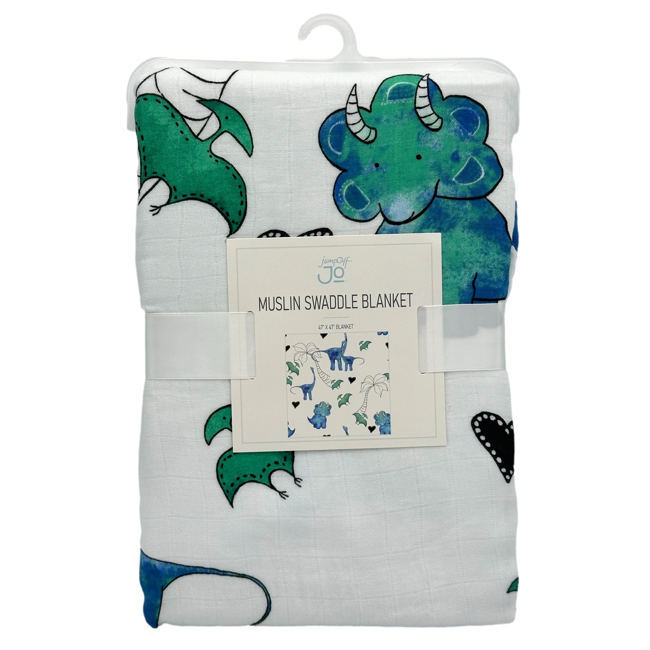 Packaged muslin swaddle blanket with blue and green dinosaur print.