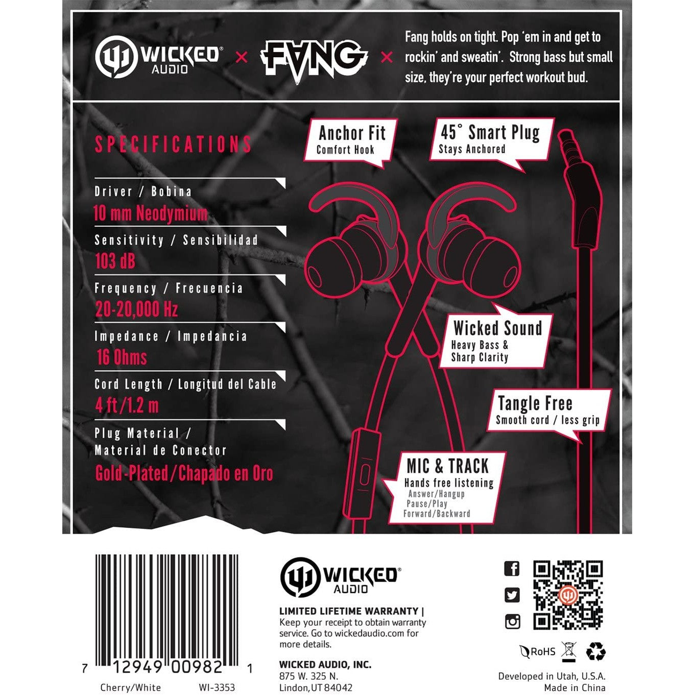 FANG CORDED CHERRY RED EARBUDS WITH MIC