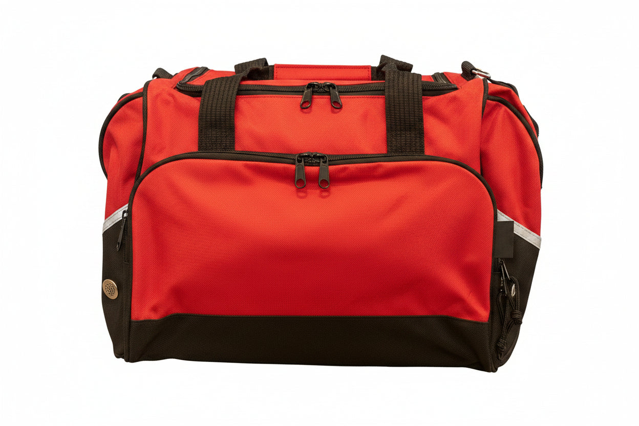 A duffel bag in olive green and black, featuring dual top handles, a front zippered pocket, and reflective side stripes, shown against a plain white background.