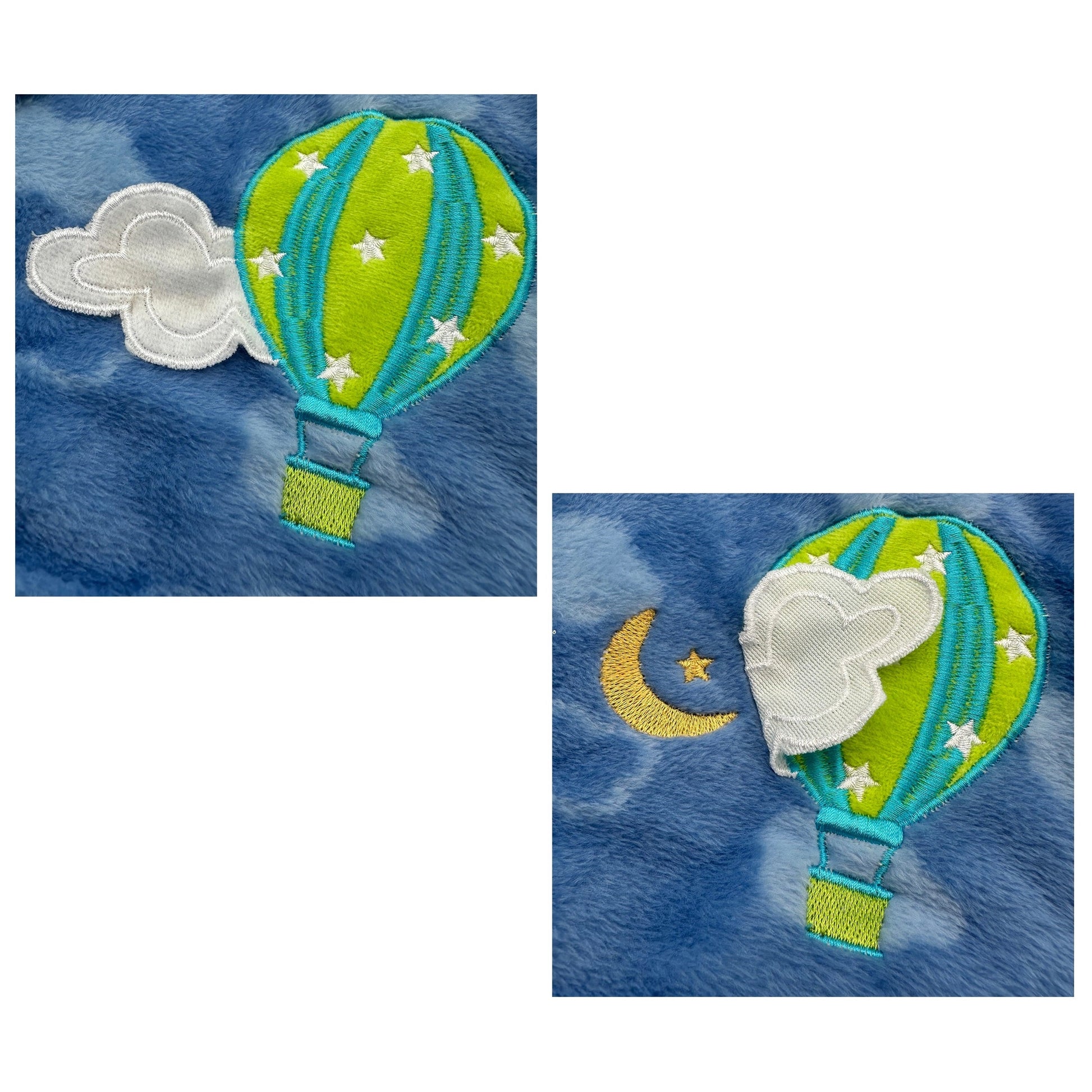 Close-up of blue fabric with embroidered hot air balloon, cloud, moon, and stars.
