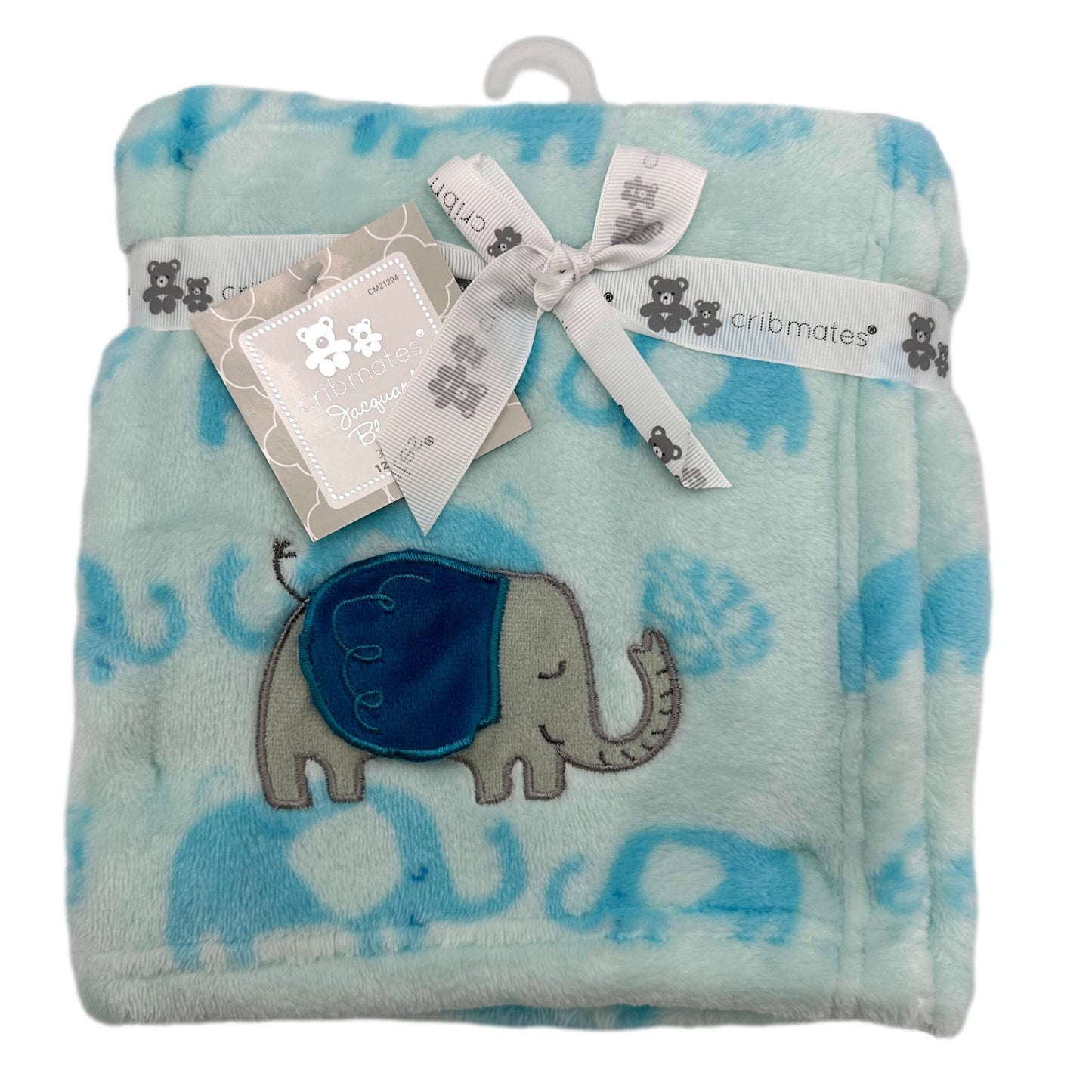 Folded blue and light blue baby blanket with elephant design, tag, and ribbon.