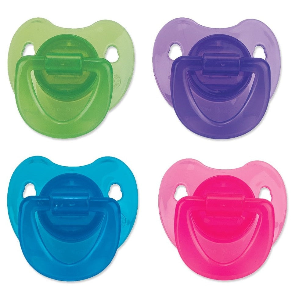Four colorful baby pacifiers.