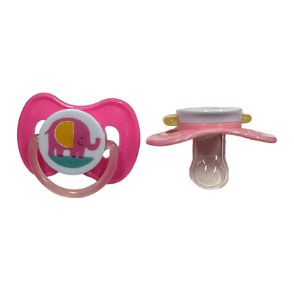 Two baby pacifiers, one pink with an elephant design, the other pink and white.