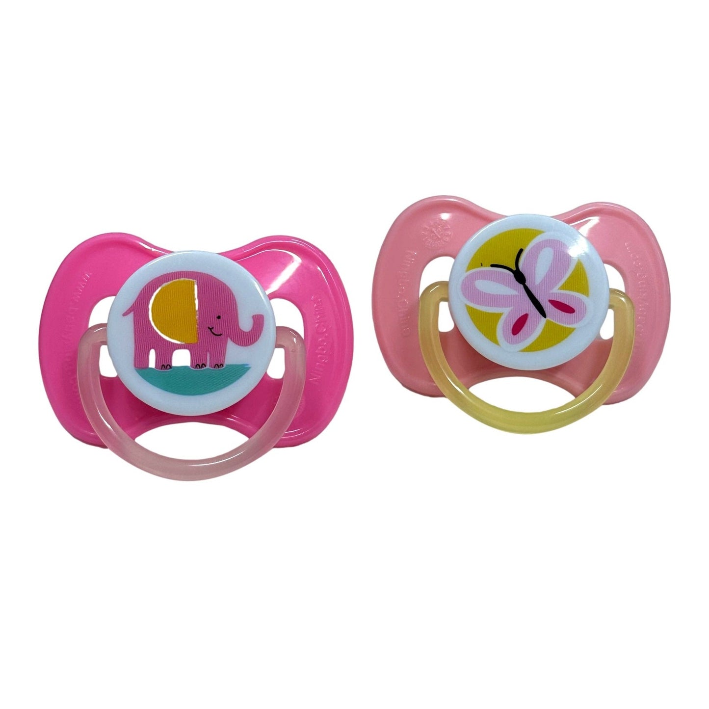 Two pink pacifiers with different designs.