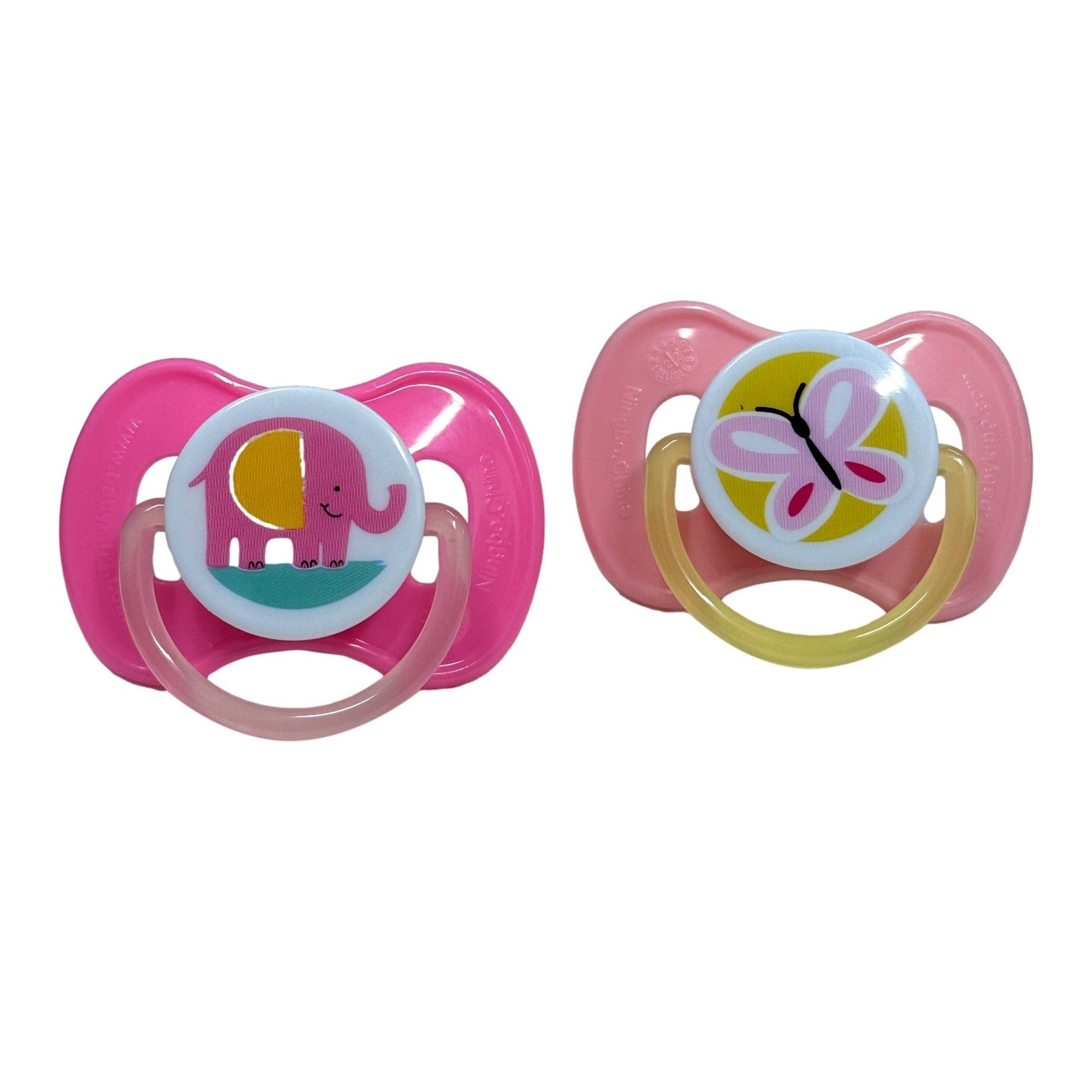 Two pink pacifiers with different designs.