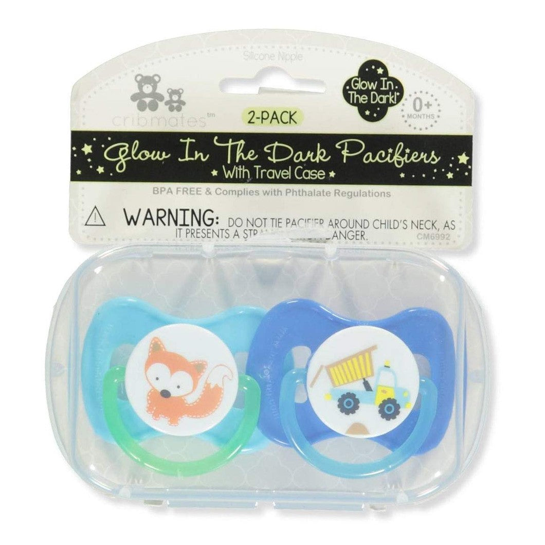 Two blue and green pacifiers with a fox and a truck design, packaged in a clear plastic case labeled "Cribmates Glow In The Dark Pacifiers."