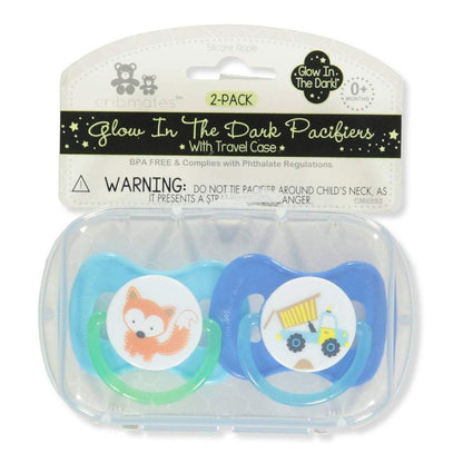 Two blue and green pacifiers with a fox and a truck design, packaged in a clear plastic case labeled "Cribmates Glow In The Dark Pacifiers."