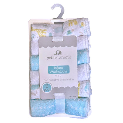 12 PC NEUTRAL WASHCLOTHS SET SAFARI ANIMALS