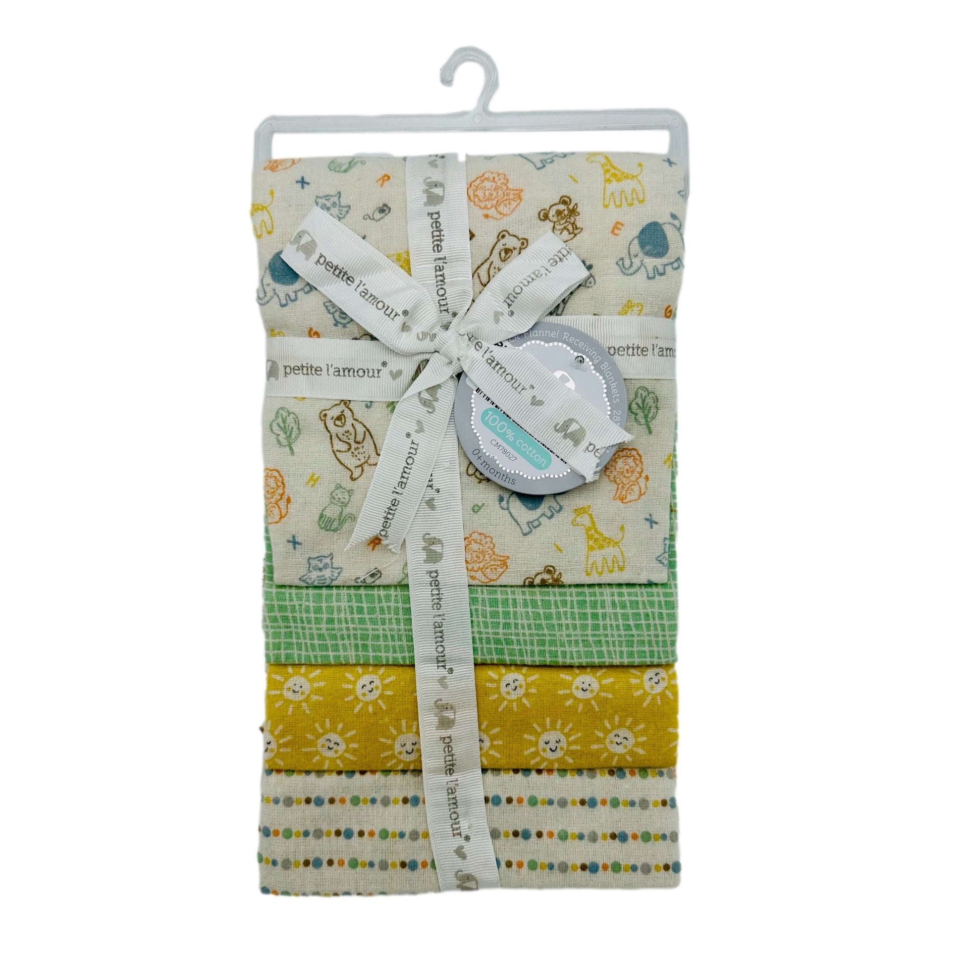 A set of five flannel receiving blankets on a white hanger, tied with a branded ribbon and tag.
