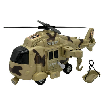 Camouflage toy helicopter with a hook and transport basket.