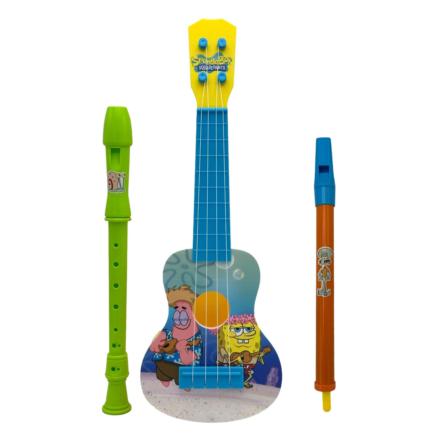 A SpongeBob SquarePants ukulele and two recorders.