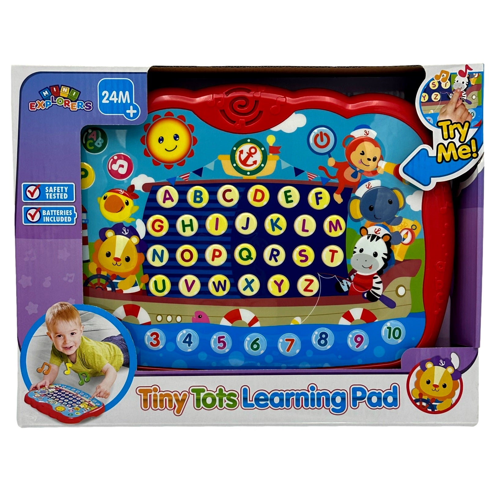 A colorful Tiny Tots Learning Pad toy in its packaging.