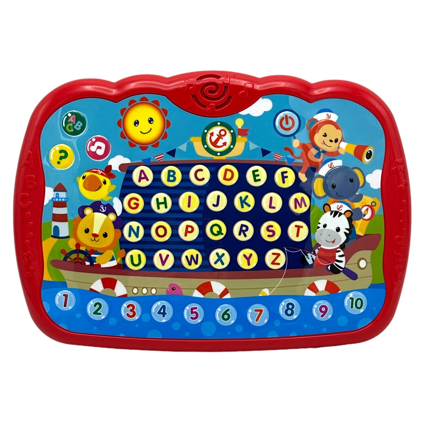 Here are the bounding box detections:
```json
[
  {"box_2d": [0, 0, 1000, 1000], "label": "interactive toy"}
]
```
Here's a descriptive alt tag for the image:

A red and blue interactive toy with animal characters and an alphabet grid.
