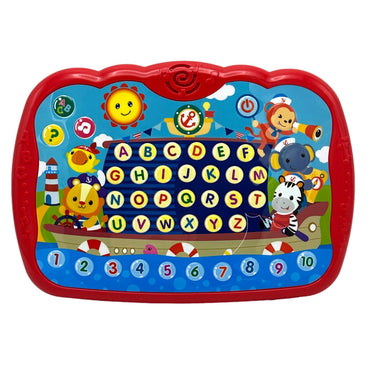 Here are the bounding box detections:
```json
[
  {"box_2d": [0, 0, 1000, 1000], "label": "interactive toy"}
]
```
Here's a descriptive alt tag for the image:

A red and blue interactive toy with animal characters and an alphabet grid.
