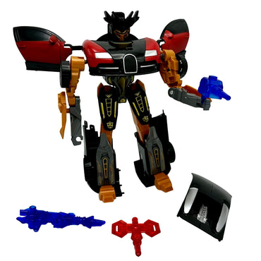 Transformer toy with red and black car parts, gold details, and blue and red accessories.