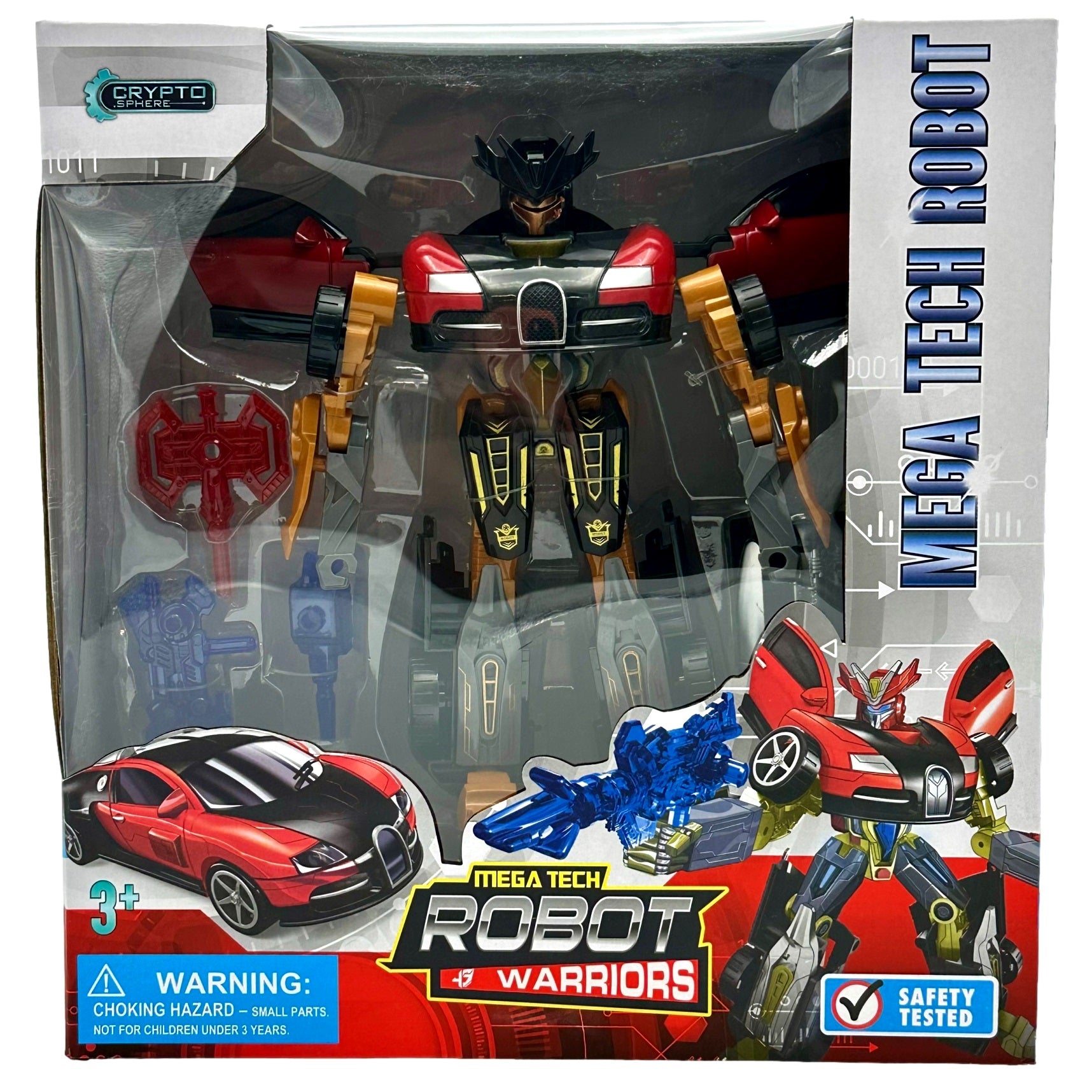 Boxed Mega Tech Robot Warriors toy with red and black car vehicle.