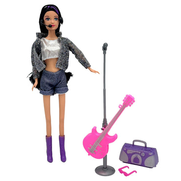 Doll with headset, shiny top, shorts, jacket, purple boots, microphone, pink guitar, boombox, and pink sunglasses.
