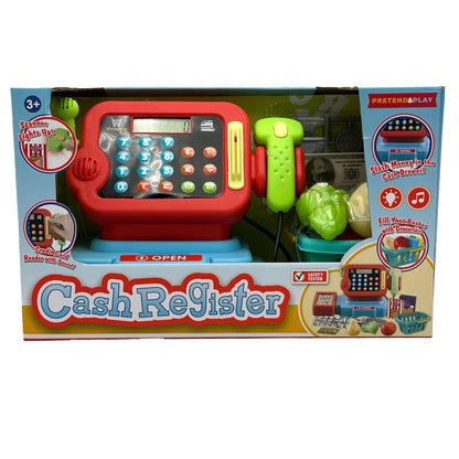A toy cash register with a scanner, credit card reader, calculator buttons, and play money on a package.