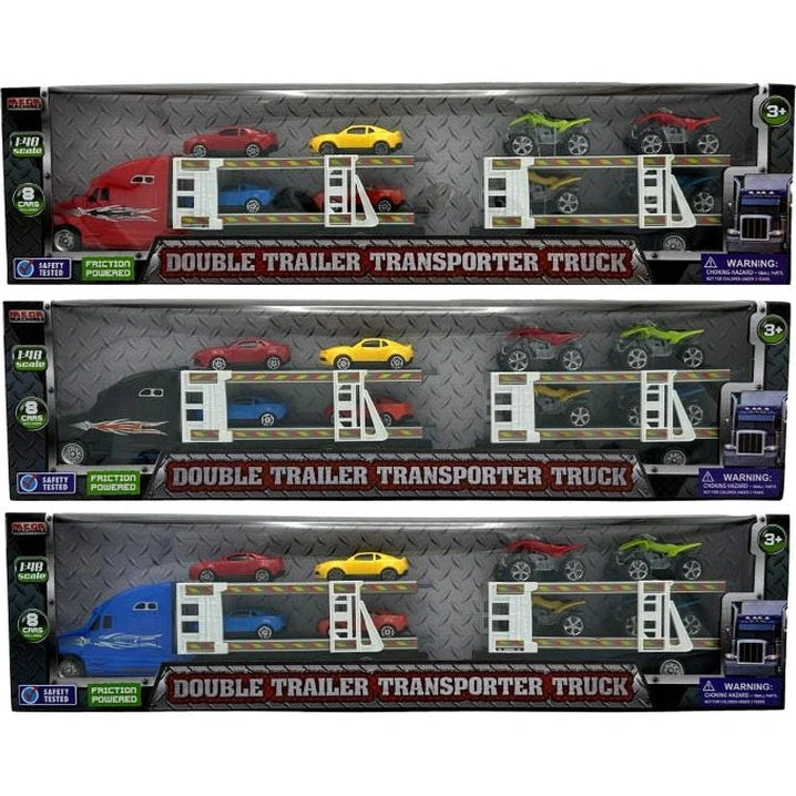 1:48 DBL TRAILER TRANSPORTER TRUCK FRICTION POWERED ASSORTED