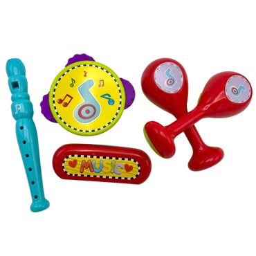 A set of colorful toy musical instruments.