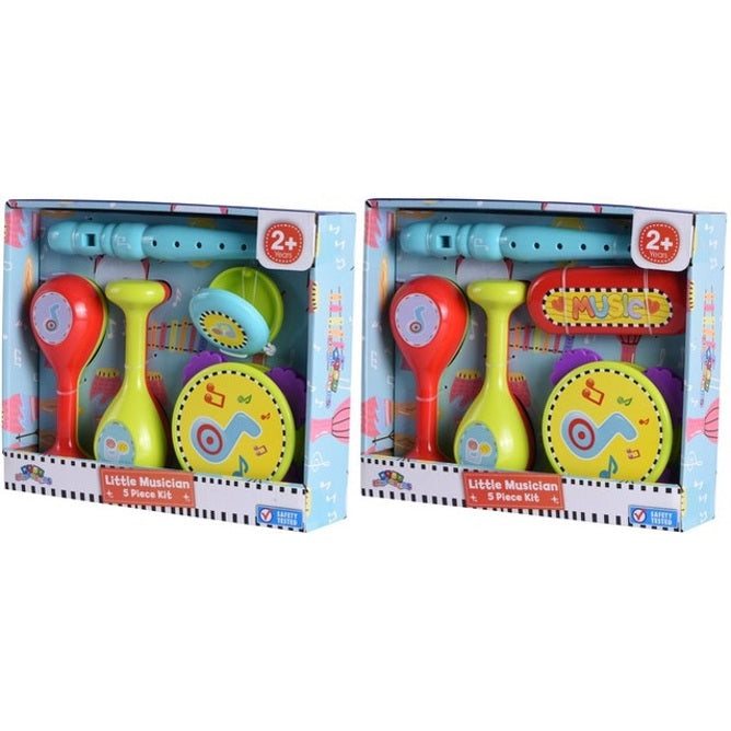 Two identical packages of a children's "Little Musician" 5-piece kit, featuring a blue toy flute, a red maraca, a yellow shaker, a yellow drum, and a cymbal.