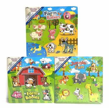 Three packaged children's wooden puzzles with knobbed pieces. The top two puzzle packages are "Farm Babies" themed, and the bottom right is "Jungle Fun".