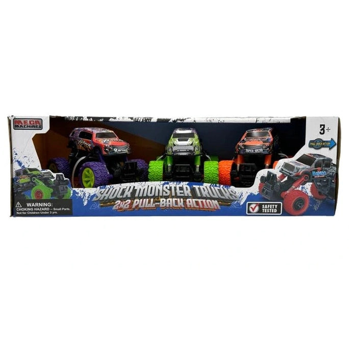 3 PC SHOCK MONSTER TRUCKS FRICTION POWERED