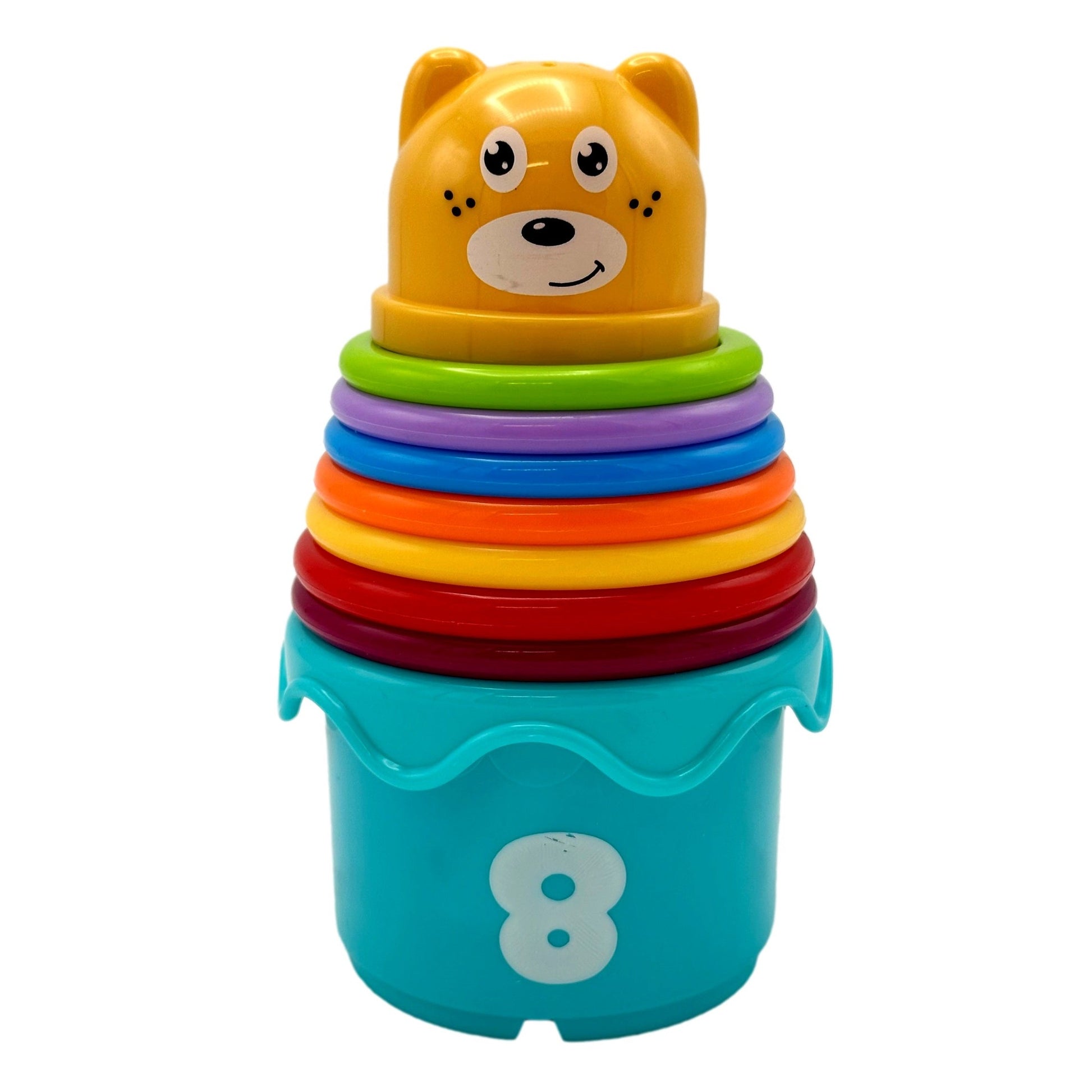 A colorful stacking toy with a bear face on top.