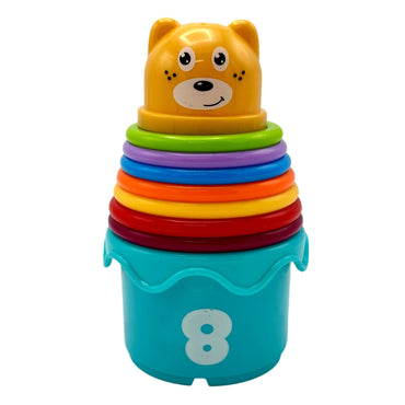 A colorful stacking toy with a bear face on top.