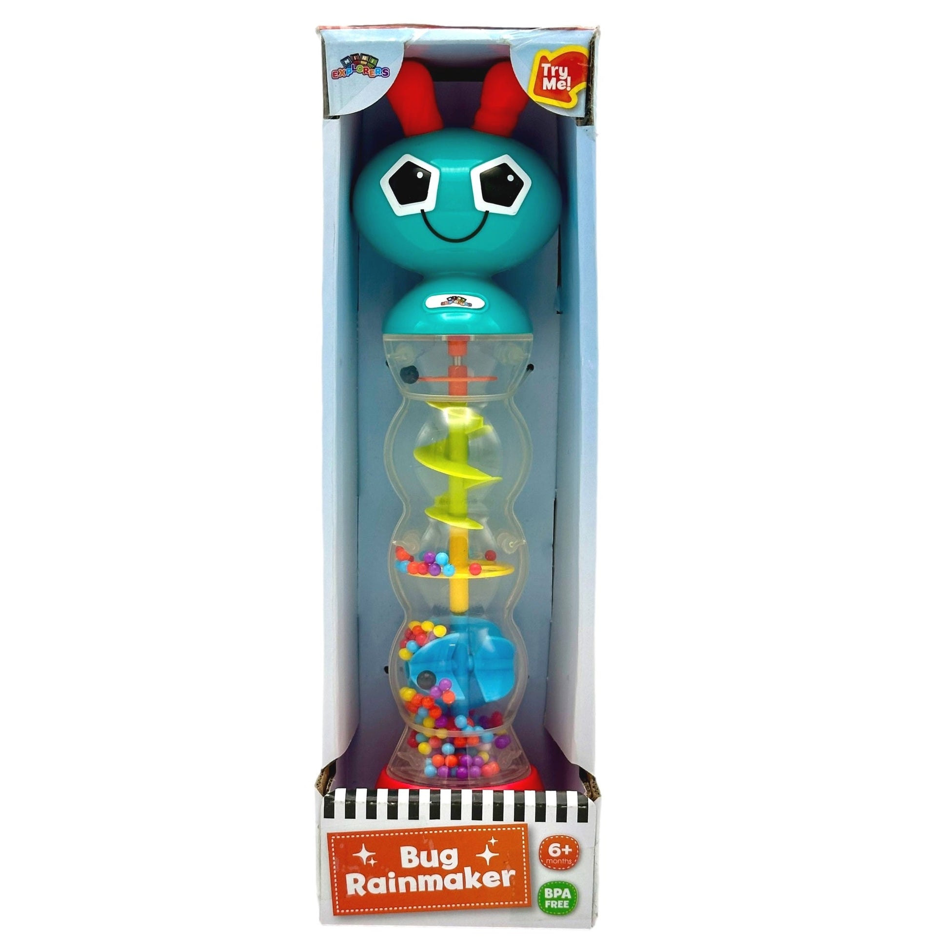 Bug-shaped rainmaker toy in packaging.
