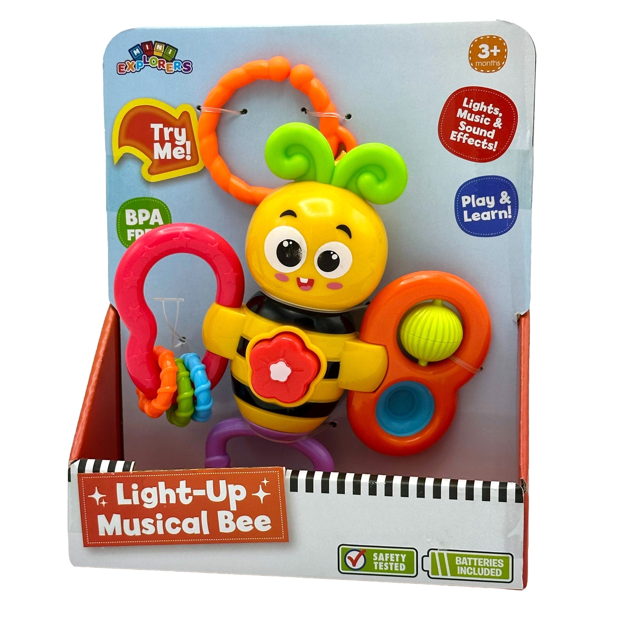 Packaged "Light-Up Musical Bee" toy for infants with colorful plastic loops and parts.