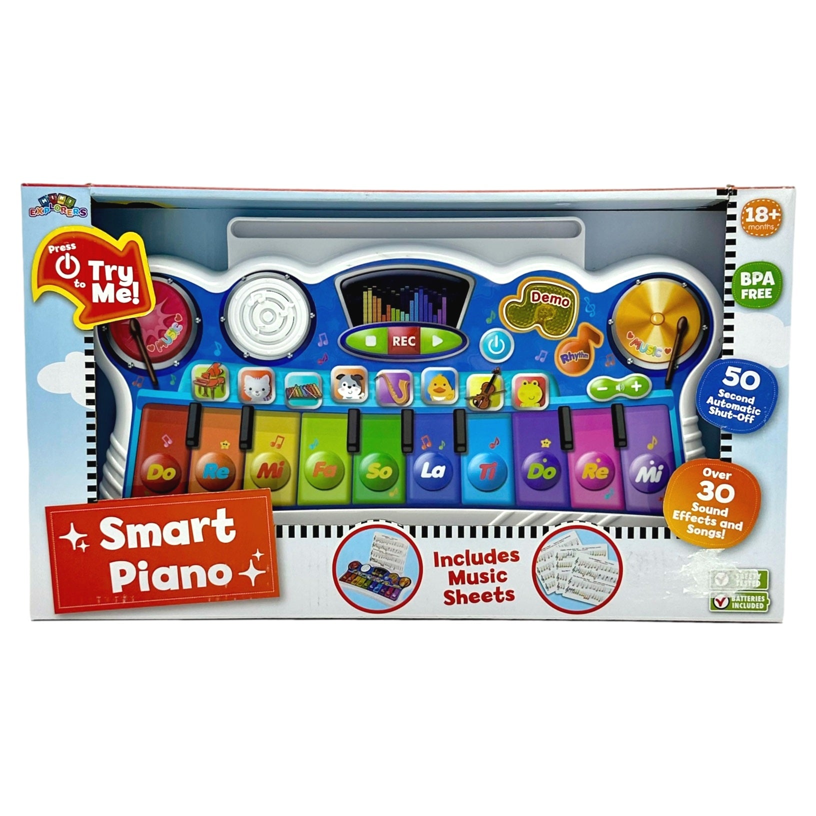 A boxed children's "Smart Piano" toy with colorful keys, music sheets, and interactive buttons.