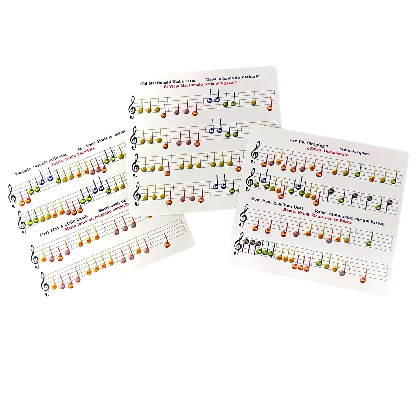 Colorful sheet music cards with children's songs.