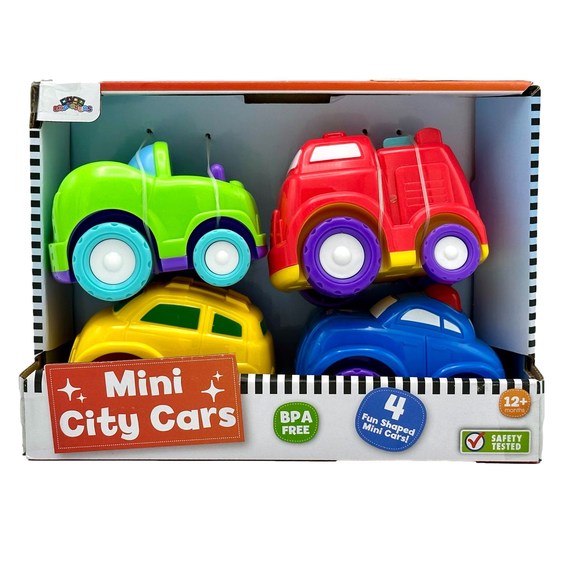 A set of four colorful toy cars in a cardboard box.