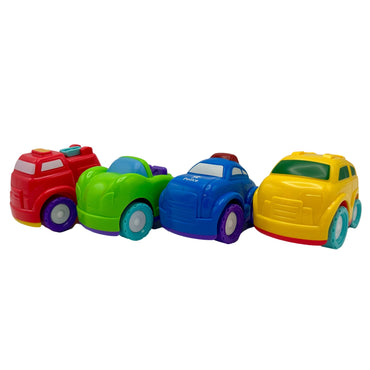 Four toy cars in a row: red fire truck, green convertible, blue police car, yellow SUV.