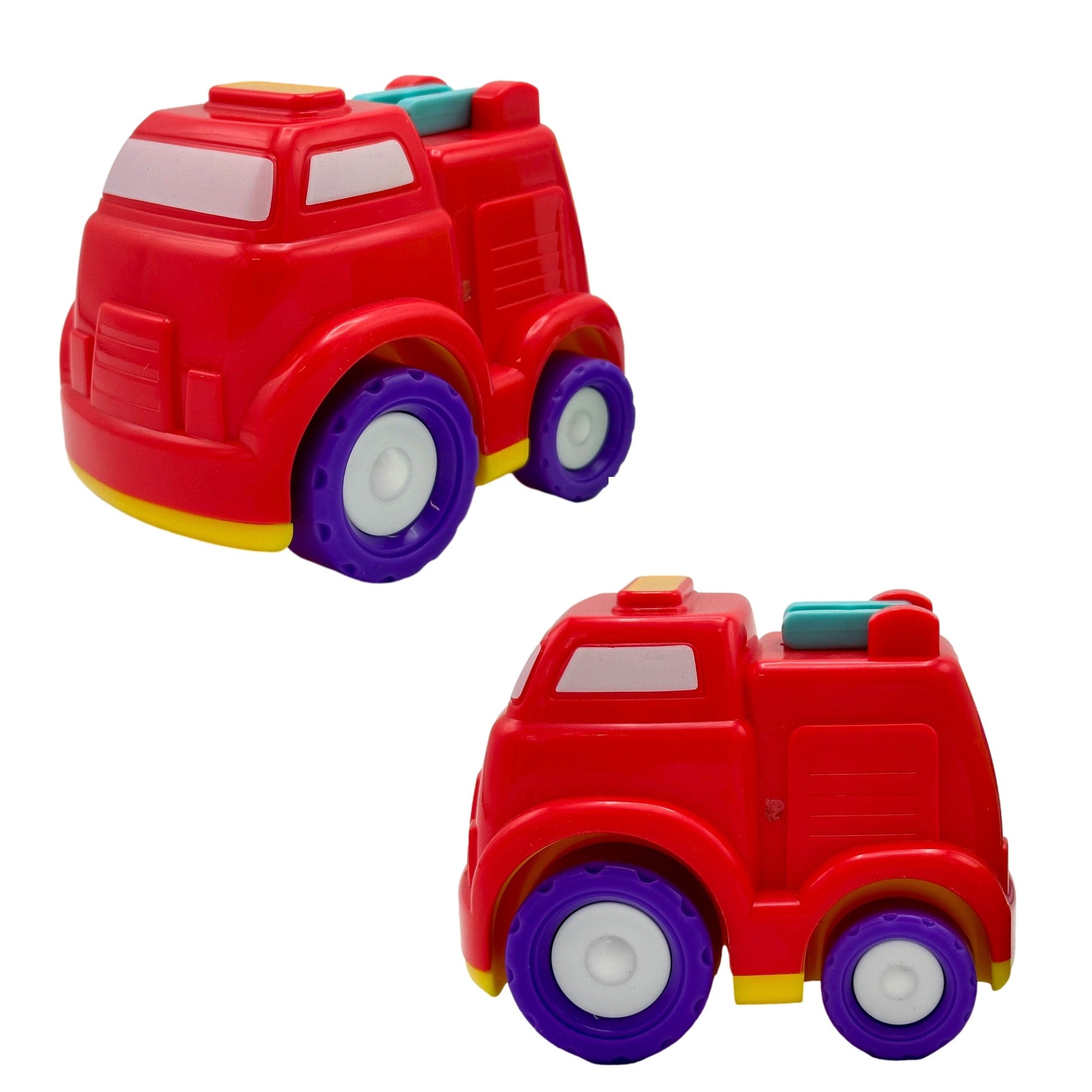 Two red toy trucks with purple wheels.