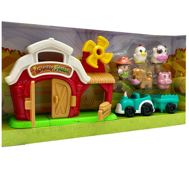 Toy farm set with barn, farmer, animals, and tractor in packaging.