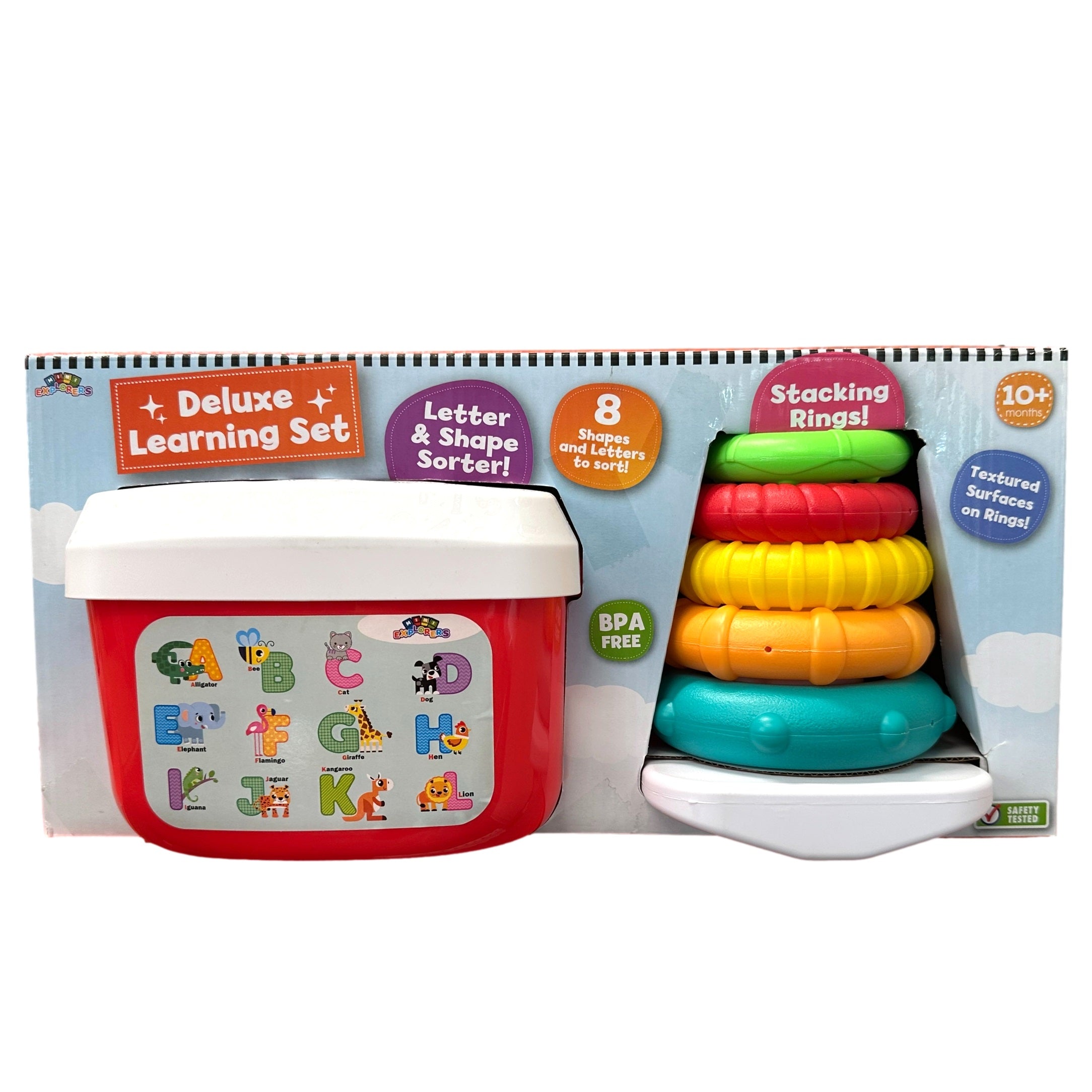 Children's learning toy with alphabet letter sorter and colorful stacking rings.