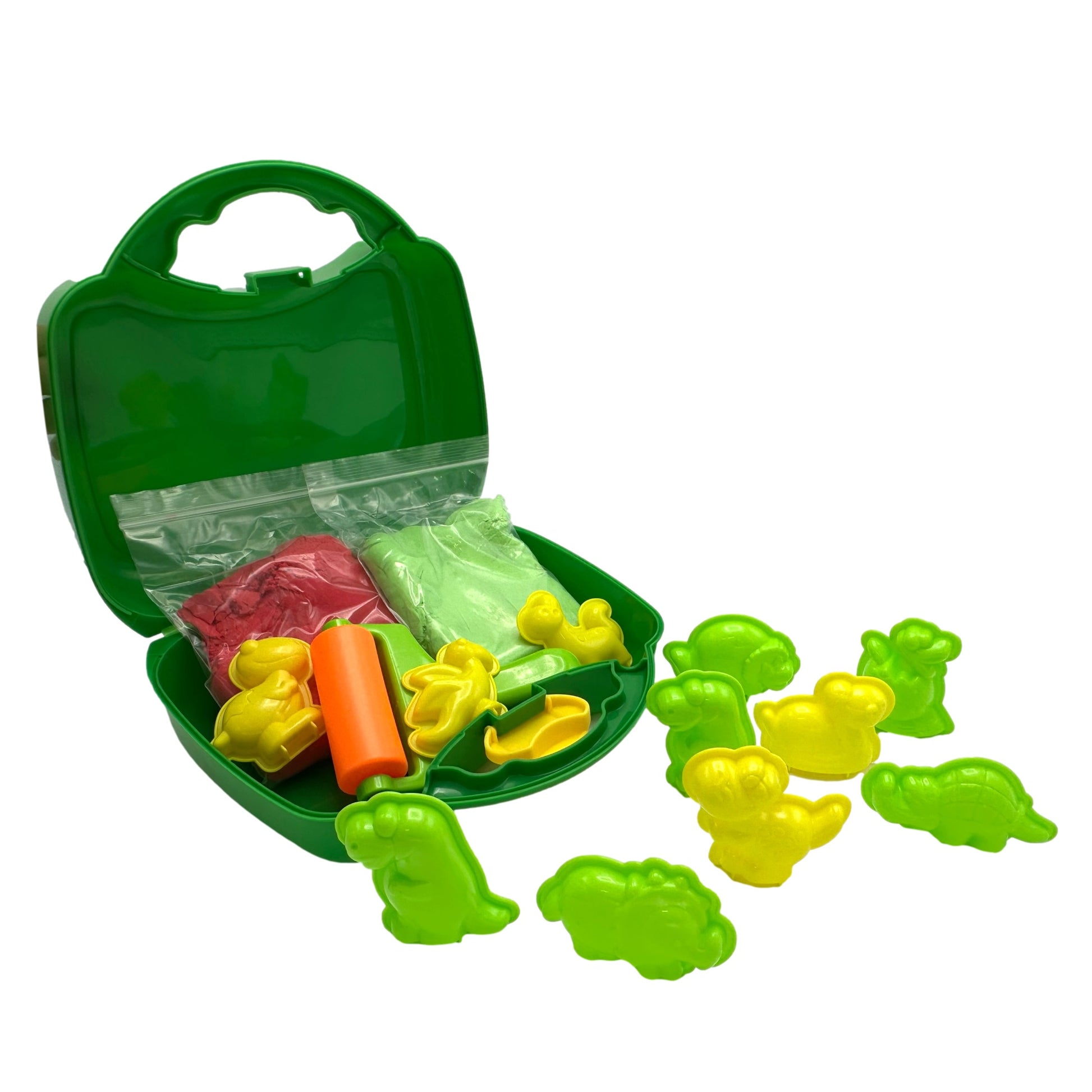 Open green carrying case with clay and dinosaur molds.
