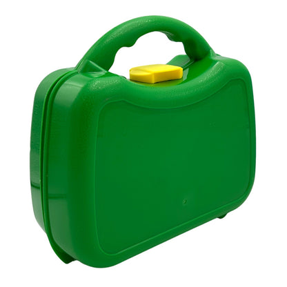Green plastic toolbox with yellow latch.
