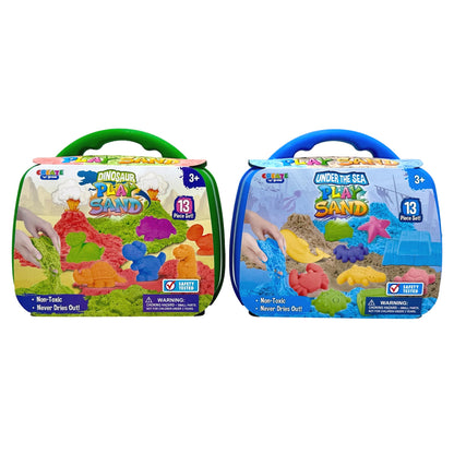 Two playsand sets, one with dinosaurs, the other with sea creatures.