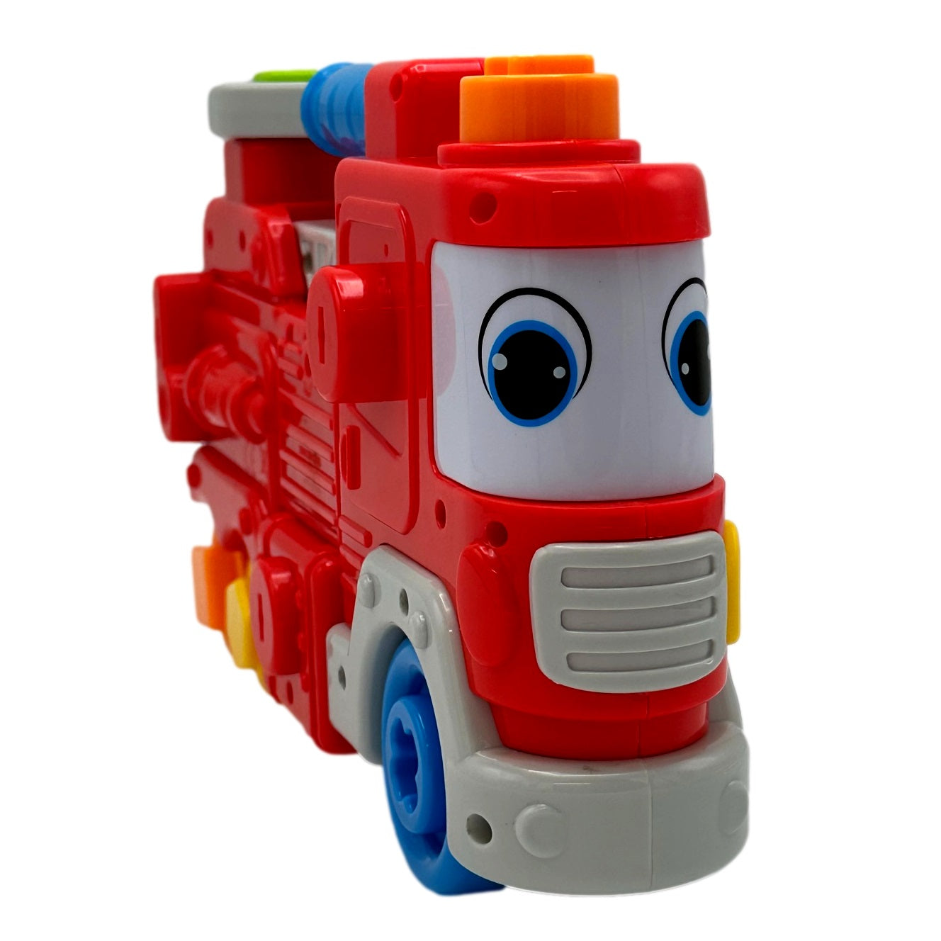 Toy fire truck. Red plastic. Cartoon face.