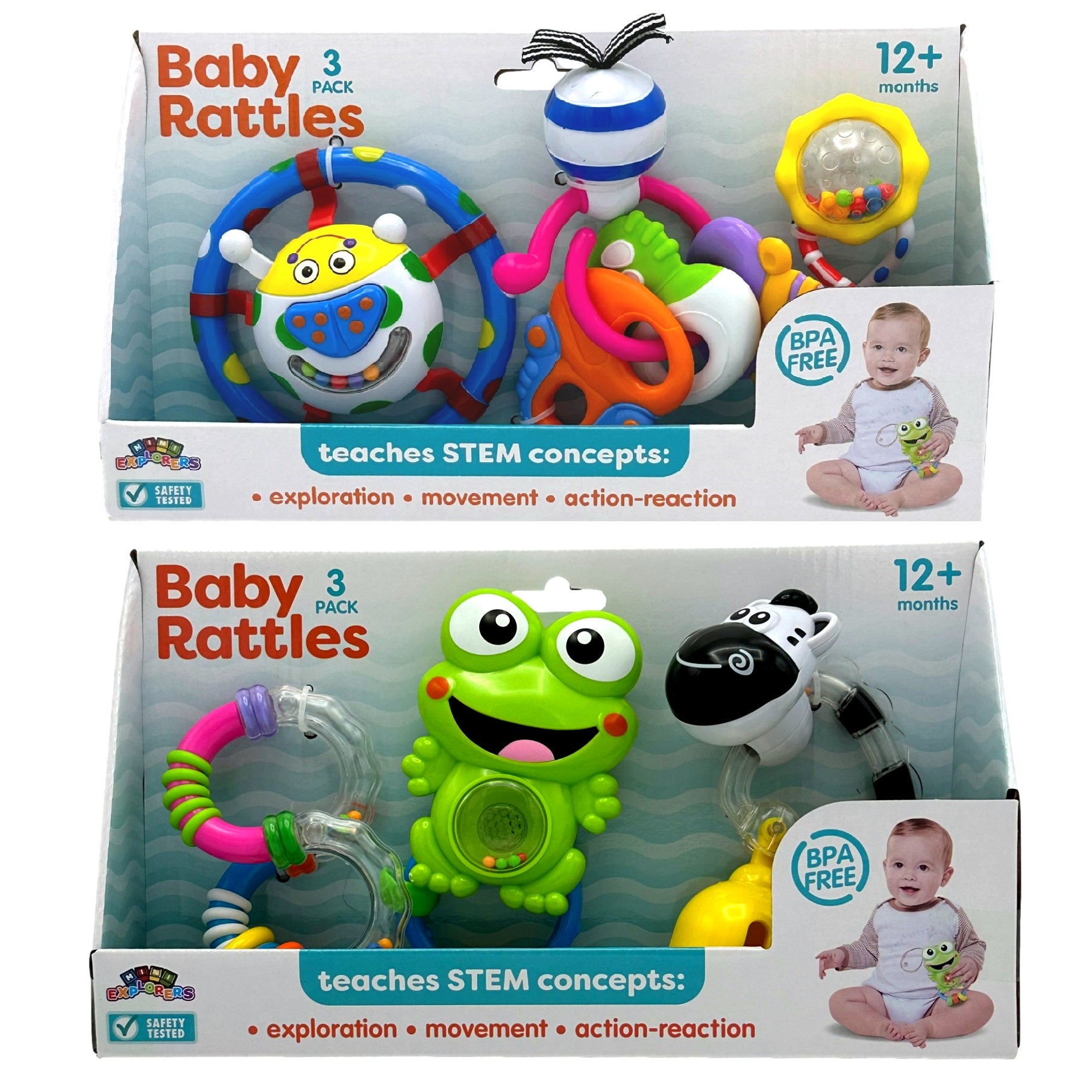 Two boxes of baby rattles with toys in different shapes and colors.
