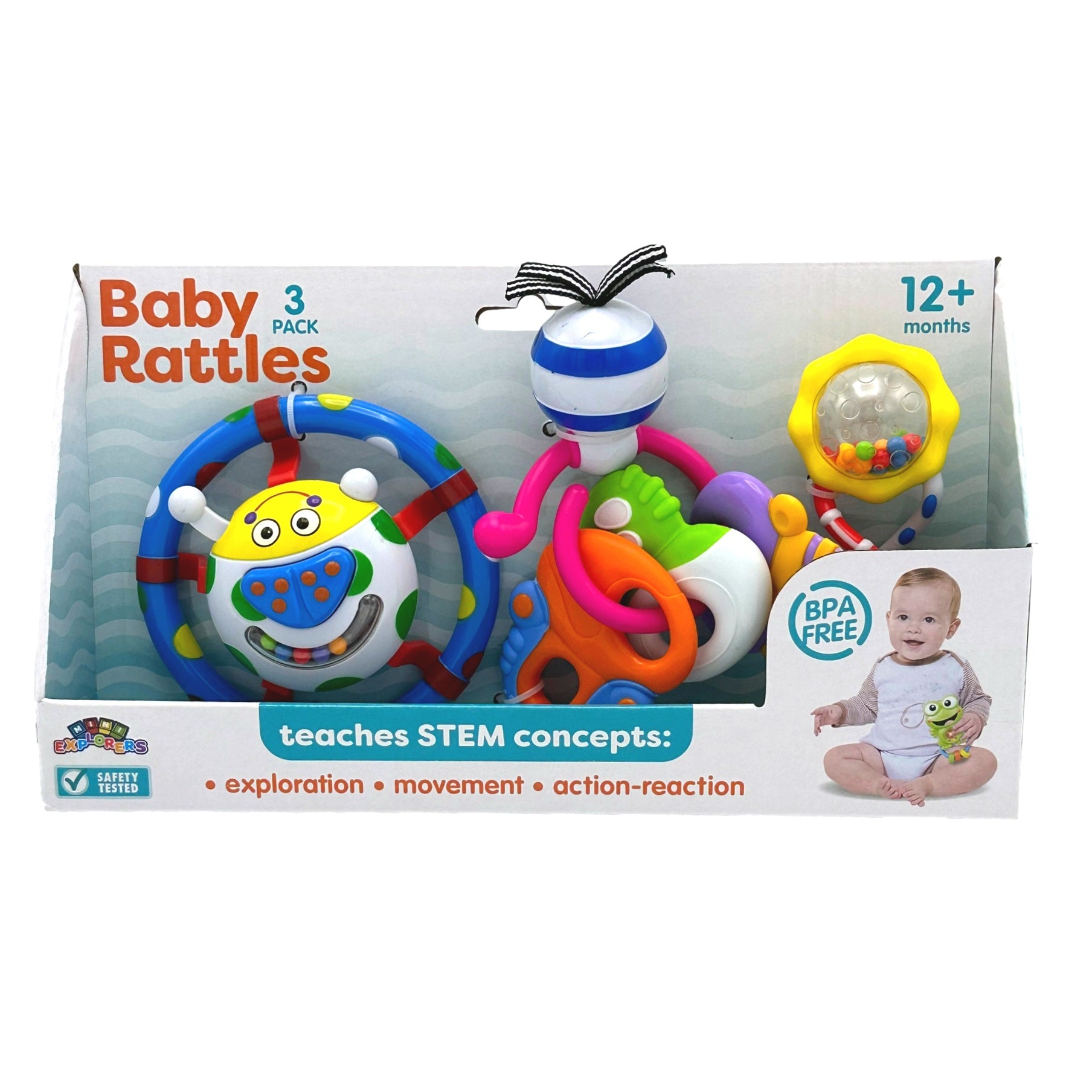 Package of baby rattles, ages 12+ months, including three colorful toys, and a baby holding a small toy.