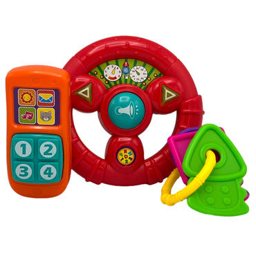 Red and orange toy steering wheel, phone, and keys.