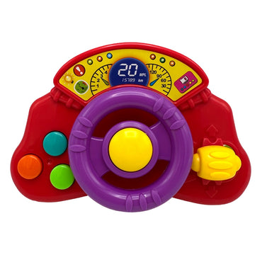 Toy car steering wheel with buttons and dashboard.