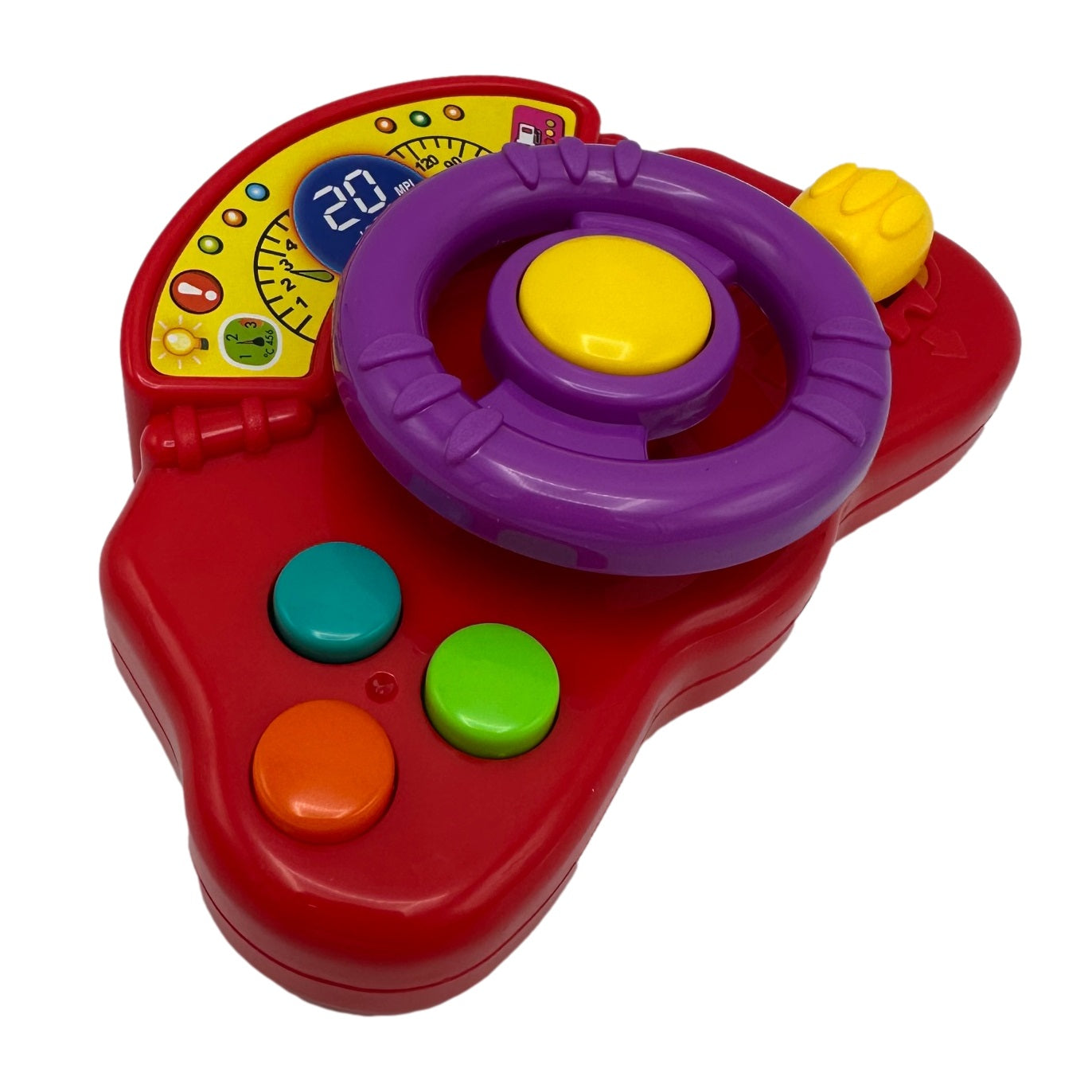 A red plastic toy steering wheel with a purple wheel, yellow center button, and a speedometer graphic.