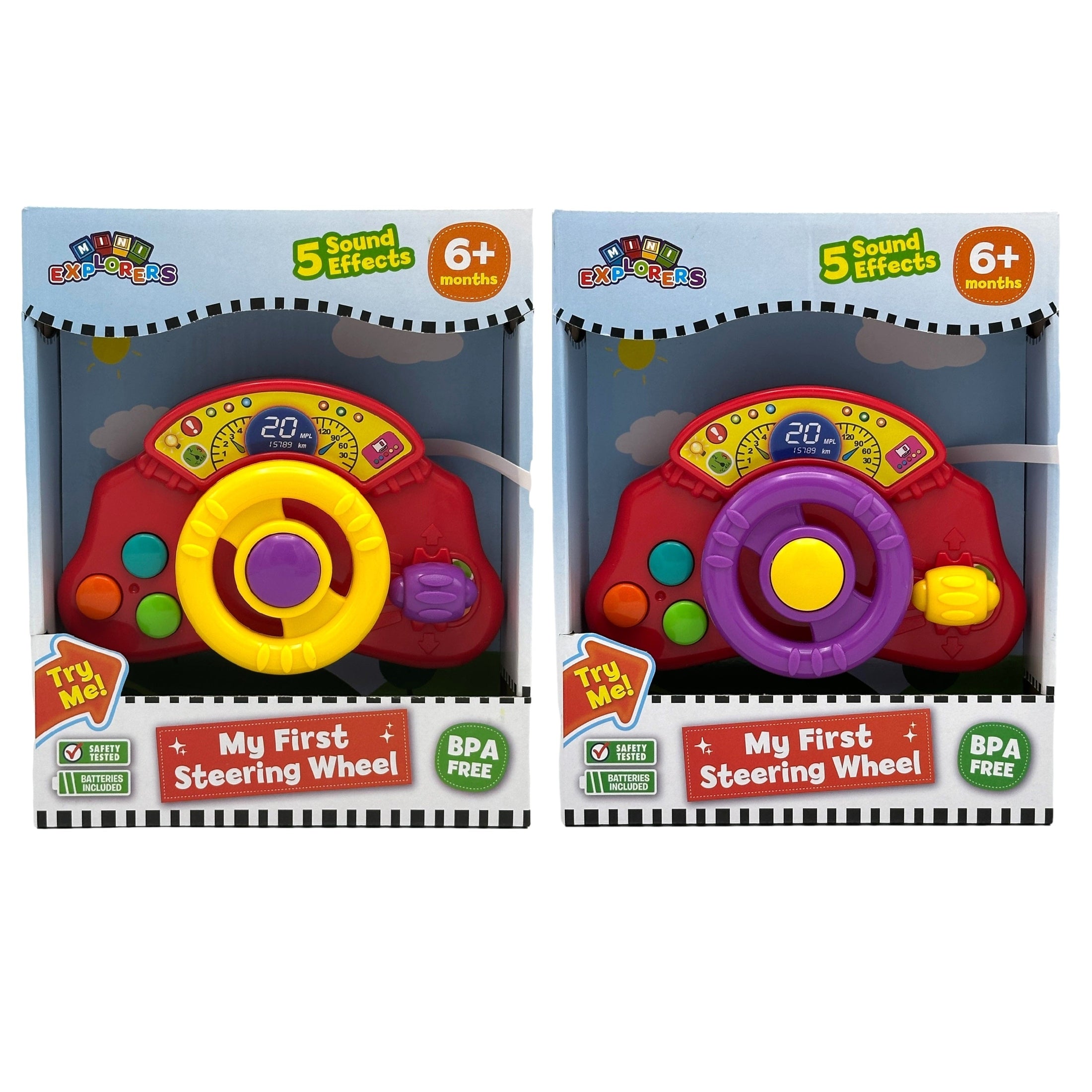Two boxed baby toys with red, yellow, and purple steering wheels.