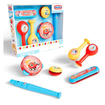 A "Little Tikes 6 Piece Band Set" is presented, featuring a box containing musical instruments, alongside loose instruments from the set: maracas, a tambourine, cymbals, a harmonica, and a recorder.