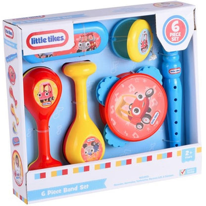 A six-piece Little Tikes band set in its packaging. The colorful set includes maracas, a tambourine, a recorder, and other toy musical instruments.